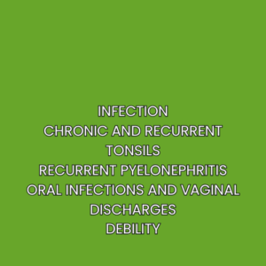 Infection Chronic and recurrent tonsils Recurrent pyelonephritis Oral infections and vaginal discharges Debility